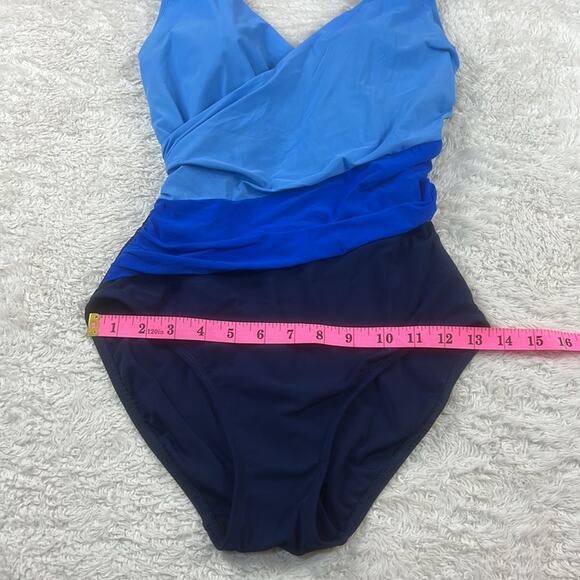 L.L. Bean UPF 40 blue faux wrap one piece swimsuit, size 8 - Picture 4 of 8